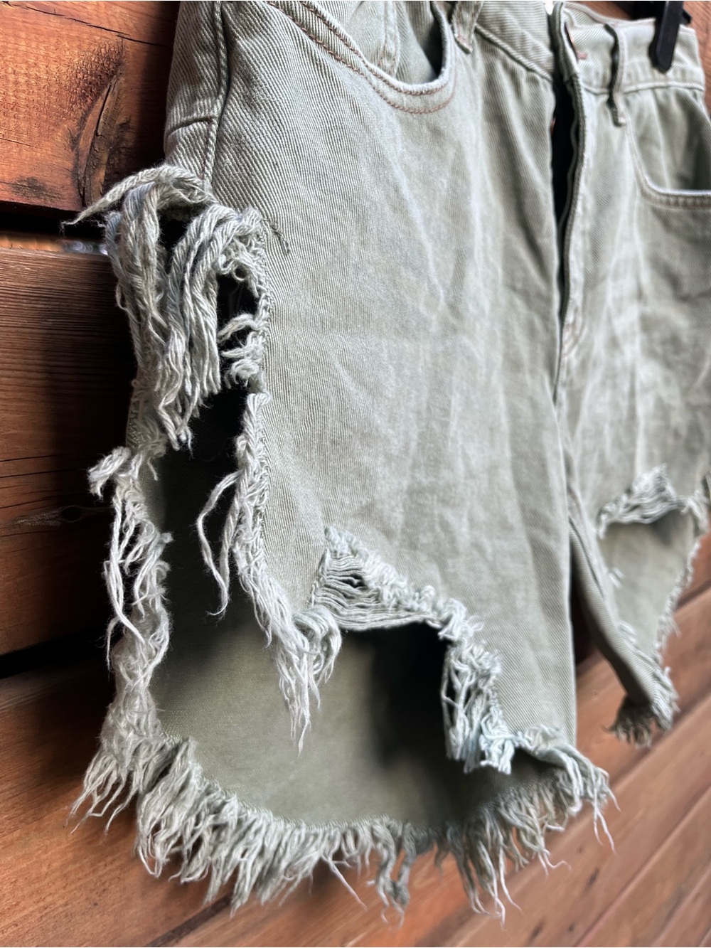 One Teaspoon Frankies Frayed Military Green Denim Shorts - Picture 3 of 9